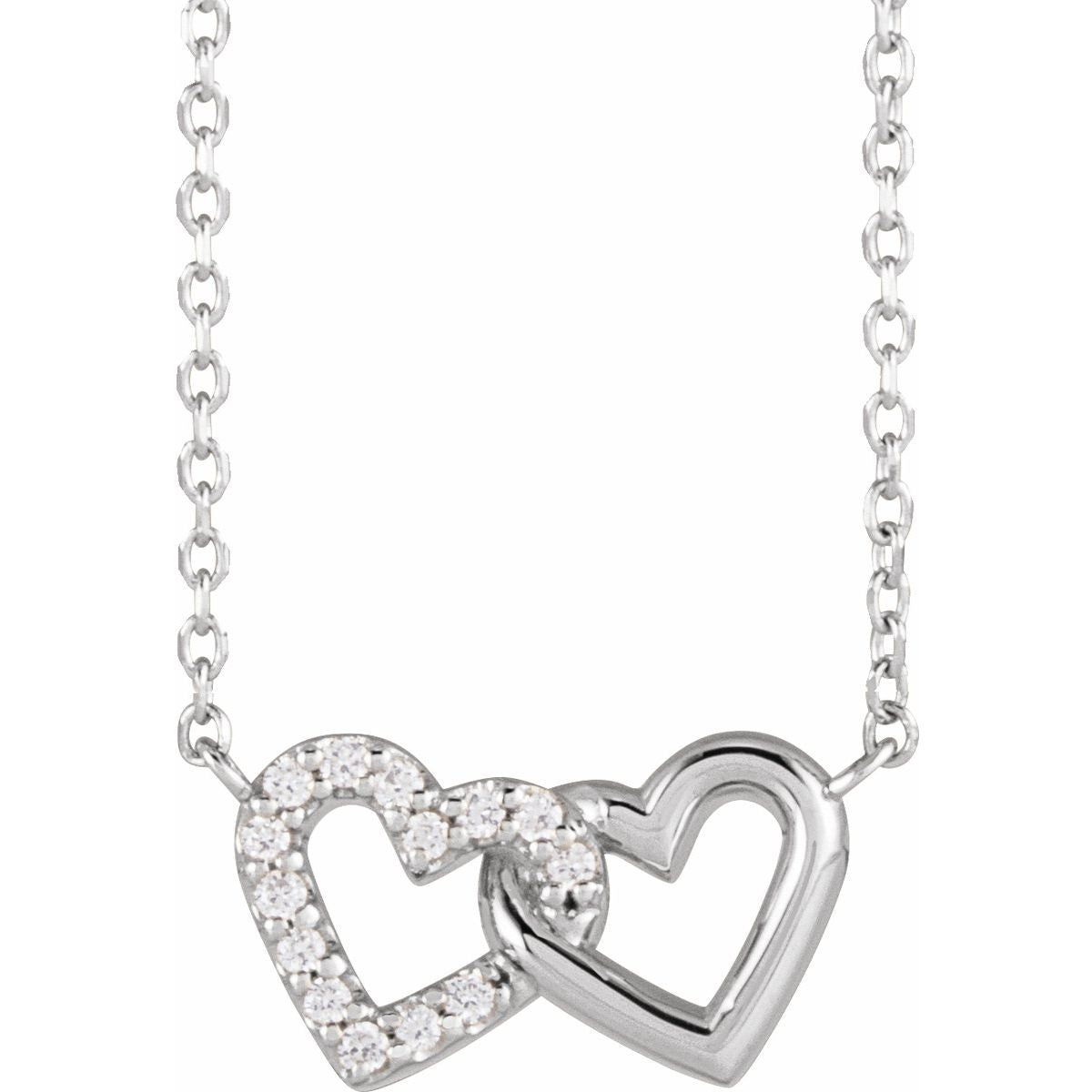 .05 CTW Natural Diamond Petite Double Interlocking Heart Necklace in 14k white gold