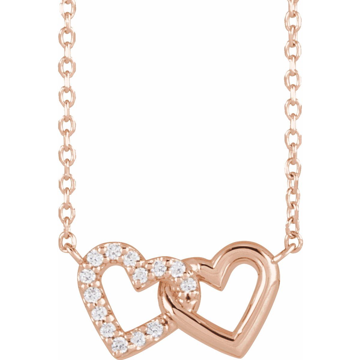.05 CTW Natural Diamond Petite Double Interlocking Heart Necklace in 14k rose gold