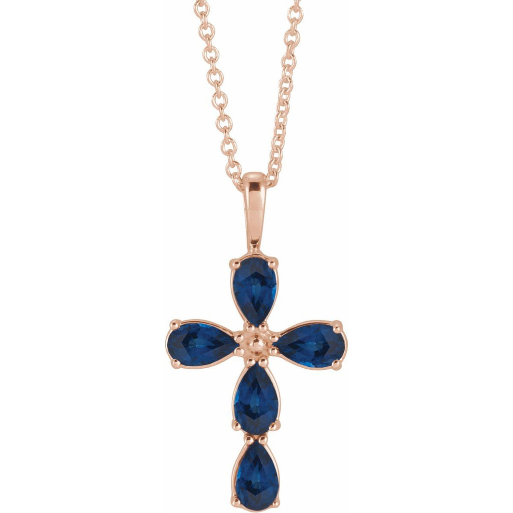 Natural Blue Sapphire Cross Necklace in 14k rose gold