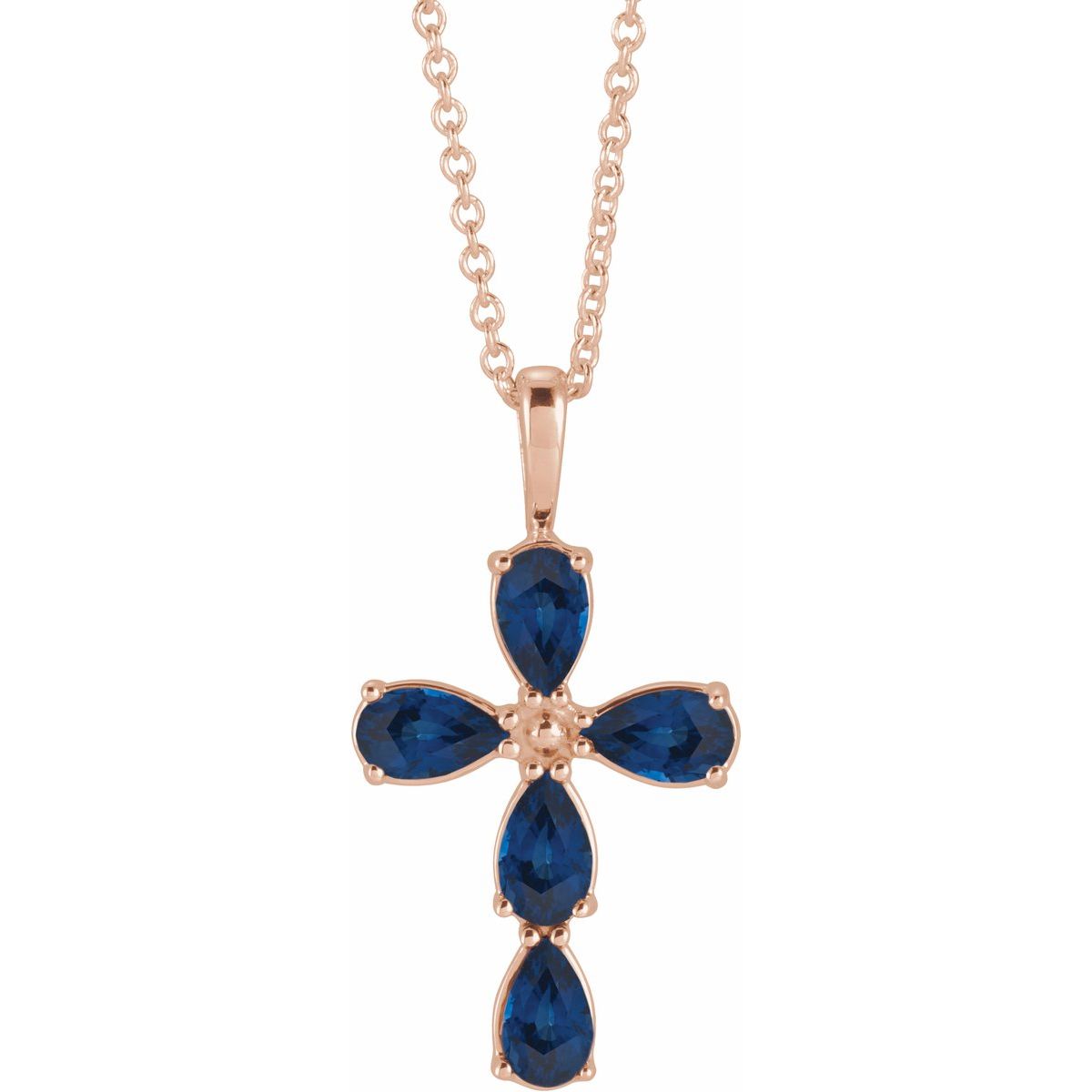 Natural Blue Sapphire Cross Necklace in 14k rose gold