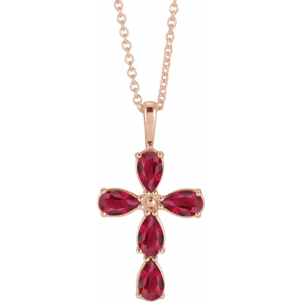 Natural Ruby Cross Necklace in 14k rose gold