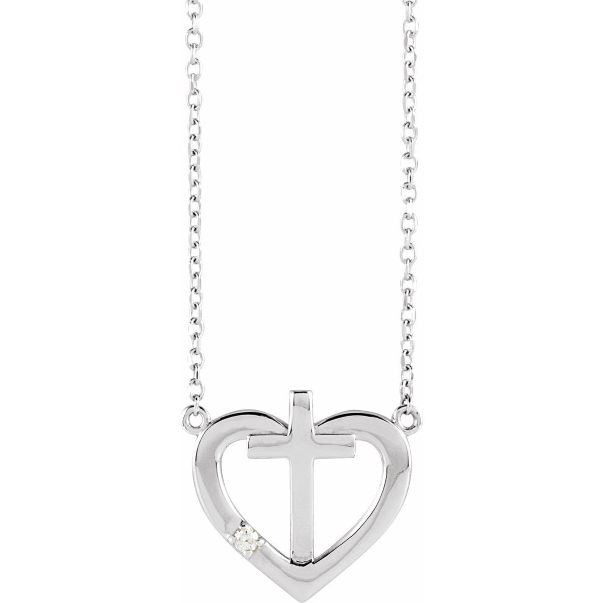 .015 CT Natural Diamond Heart & Cross Necklace in 14k white gold