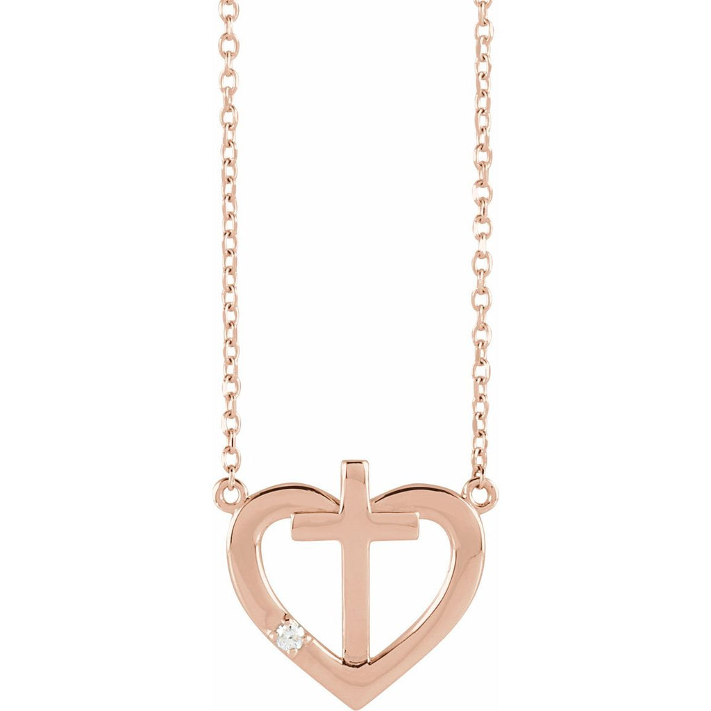 .015 CT Natural Diamond Heart & Cross Necklace in 14k rose gold