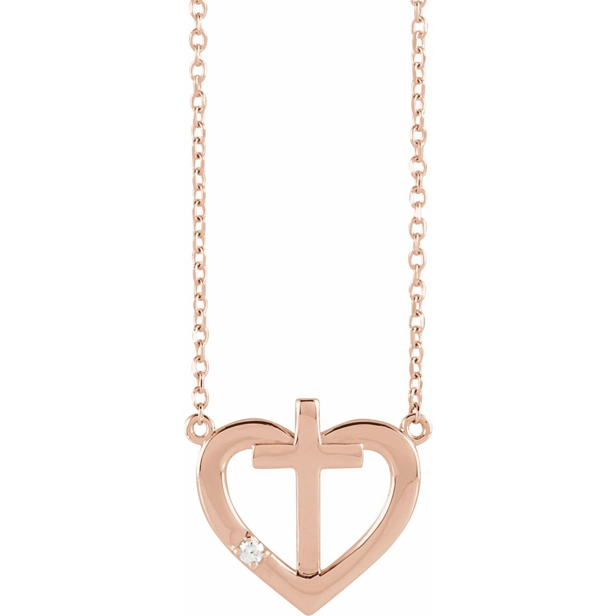.015 CT Natural Diamond Heart & Cross Necklace in 14k rose gold