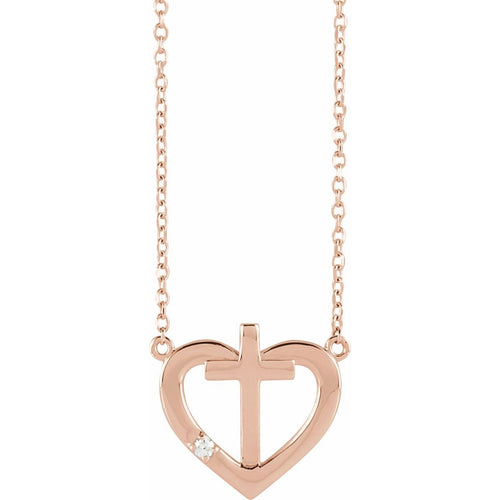 .015 CT Natural Diamond Heart & Cross Necklace in 14k rose gold