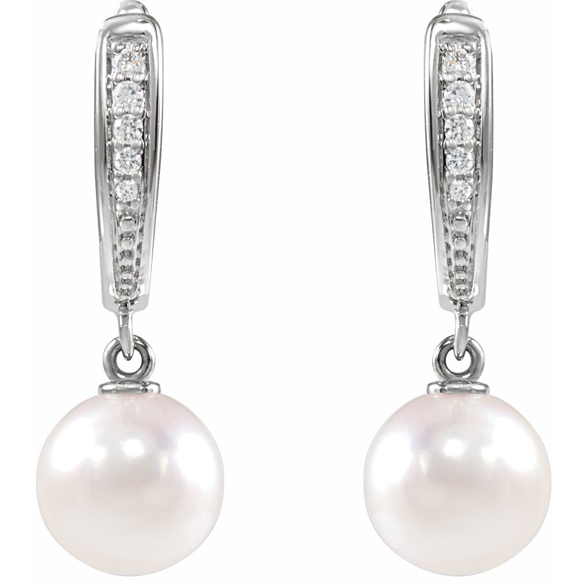 Cultured White Akoya Pearl & .03 CTW Natural Diamond Earrings in 14k white gold