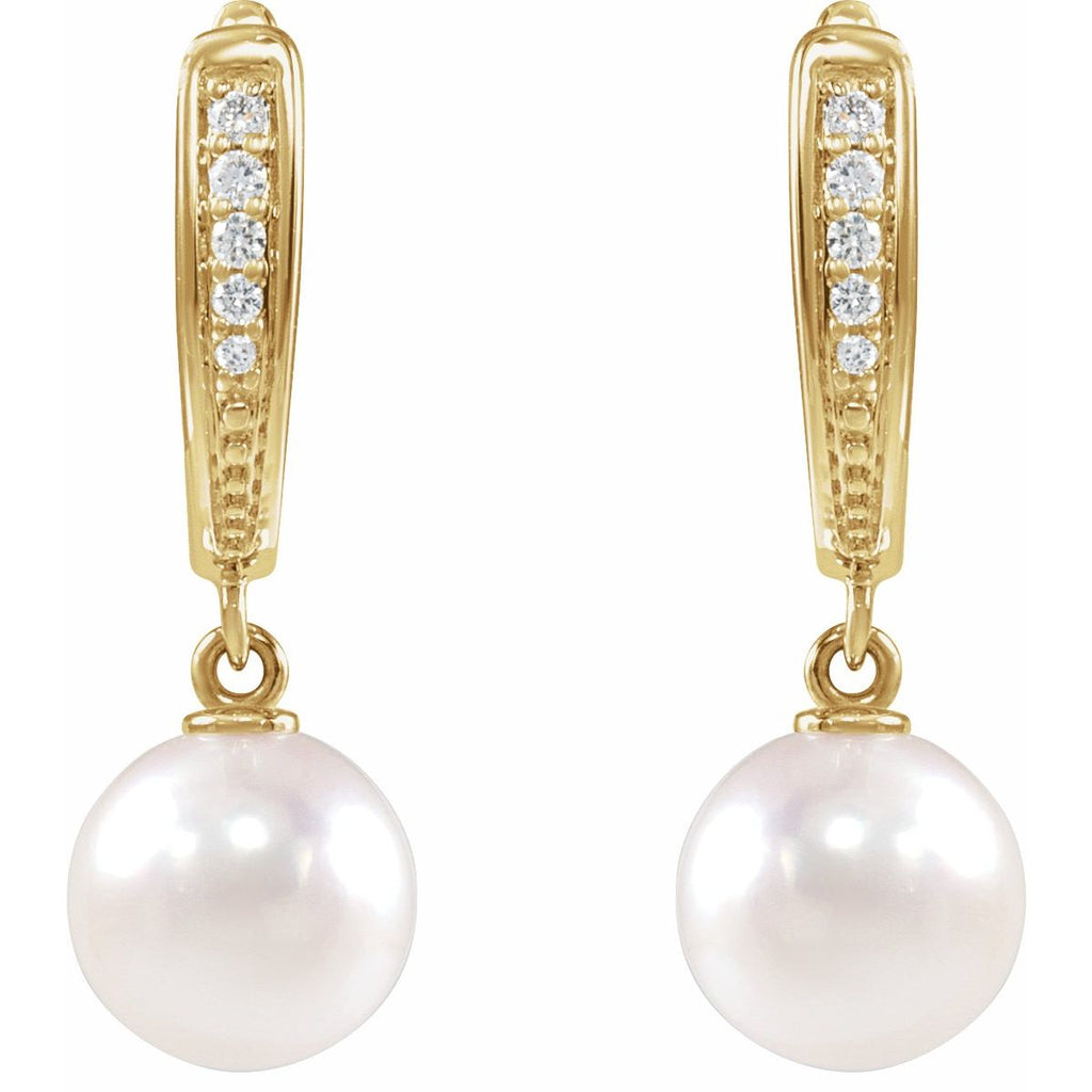 Cultured White Akoya Pearl & .03 CTW Natural Diamond Earrings in 14k yellow gold