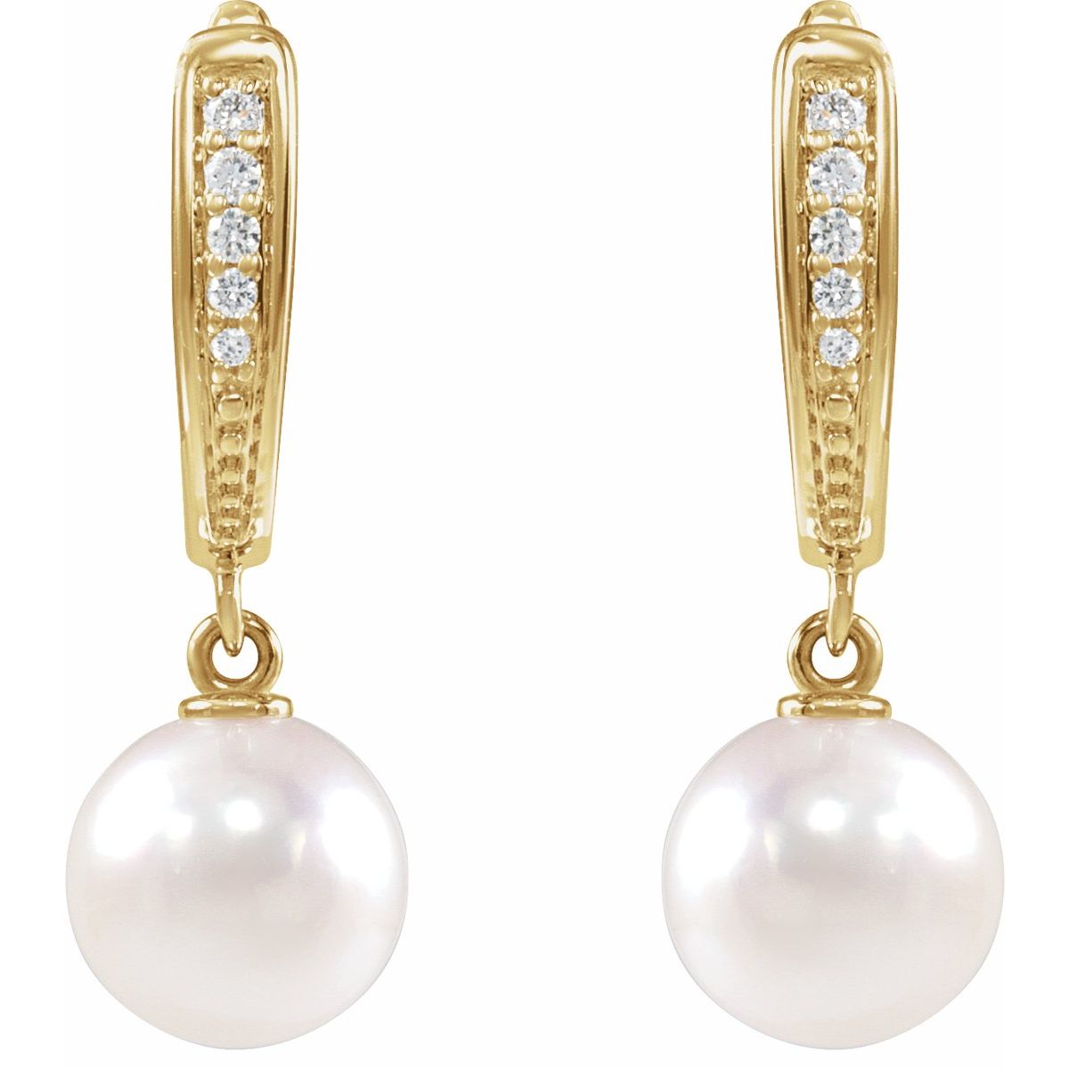 Cultured White Akoya Pearl & .03 CTW Natural Diamond Earrings in 14k yellow gold
