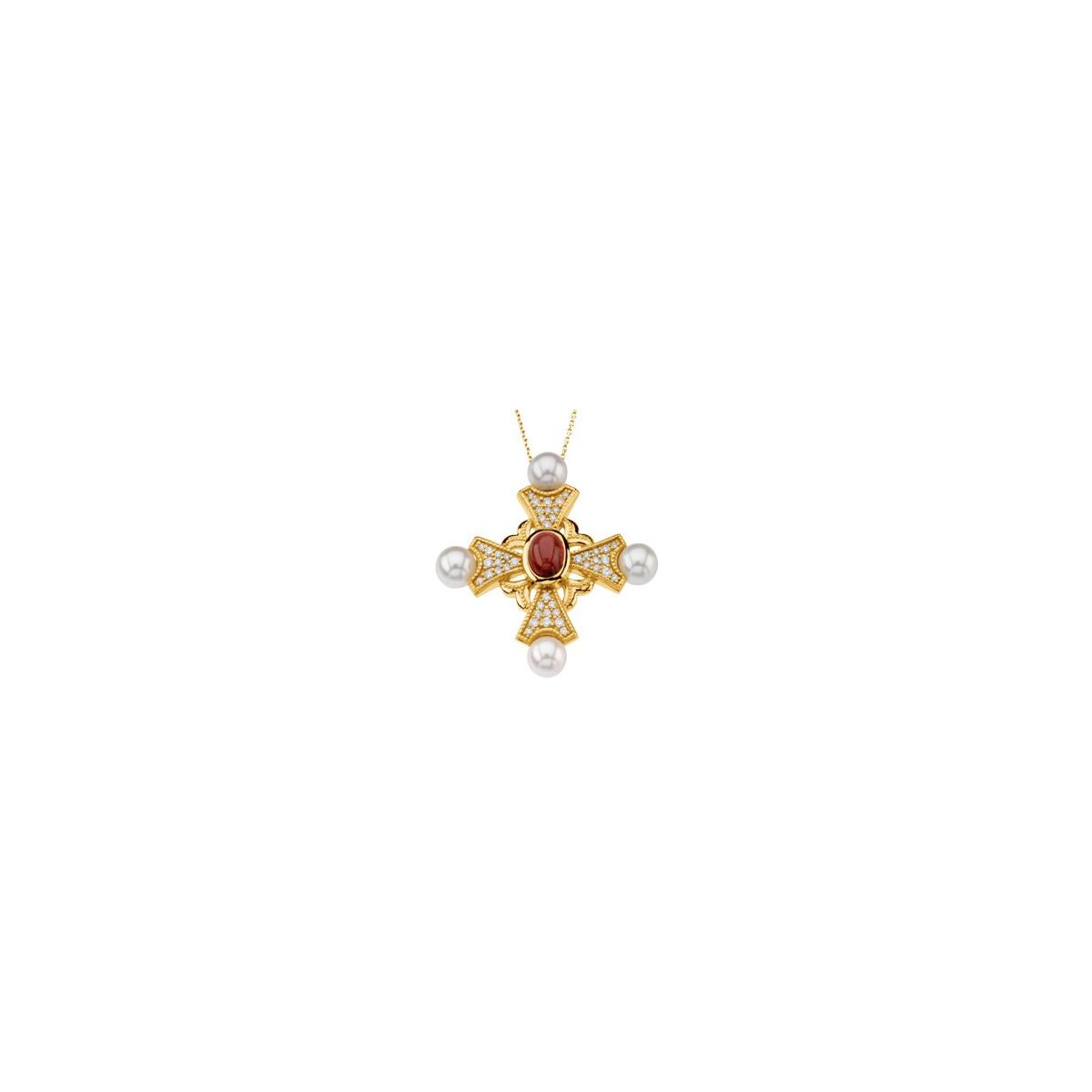 Natural Mozambique Garnet, Cultured White Akoya Pearl & 1/2 CTW Natural Diamond Cross 18" Necklace in 14k yellow gold