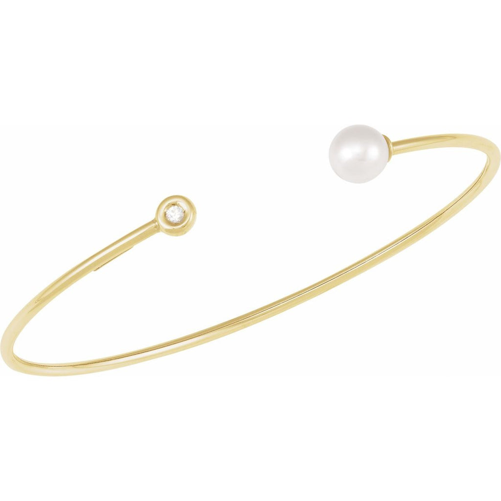 Cultured White Freshwater Pearl & .03 CT Natural Diamond Cuff Bracelet in 14k yellow gold