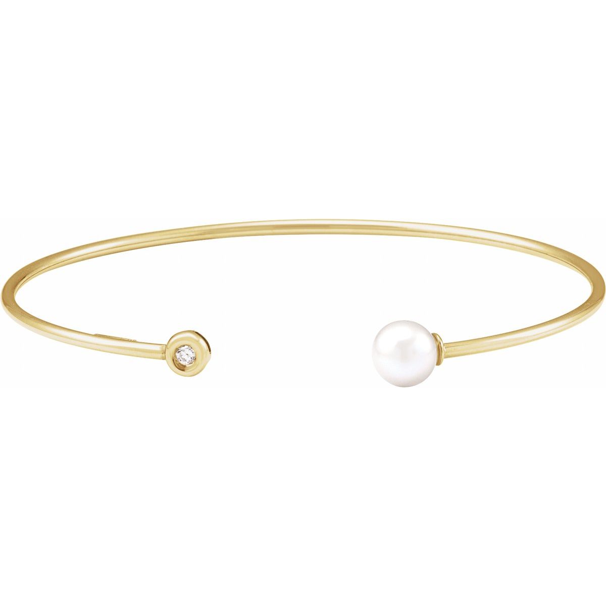 Cultured White Freshwater Pearl & .03 CT Natural Diamond Cuff Bracelet in 14k yellow gold