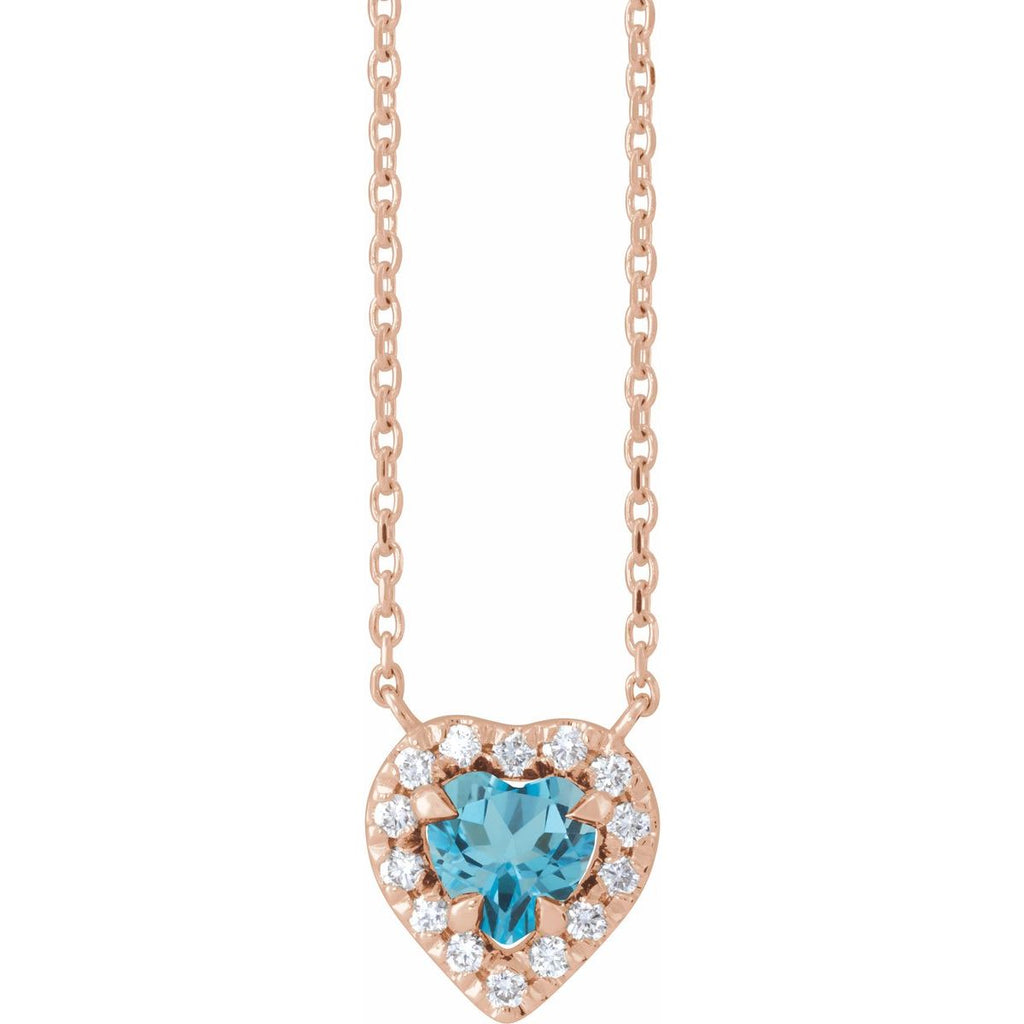 Natural London Blue Topaz & 1/8 CTW Natural Diamond French-Set Halo-Style Necklace in 14k rose gold