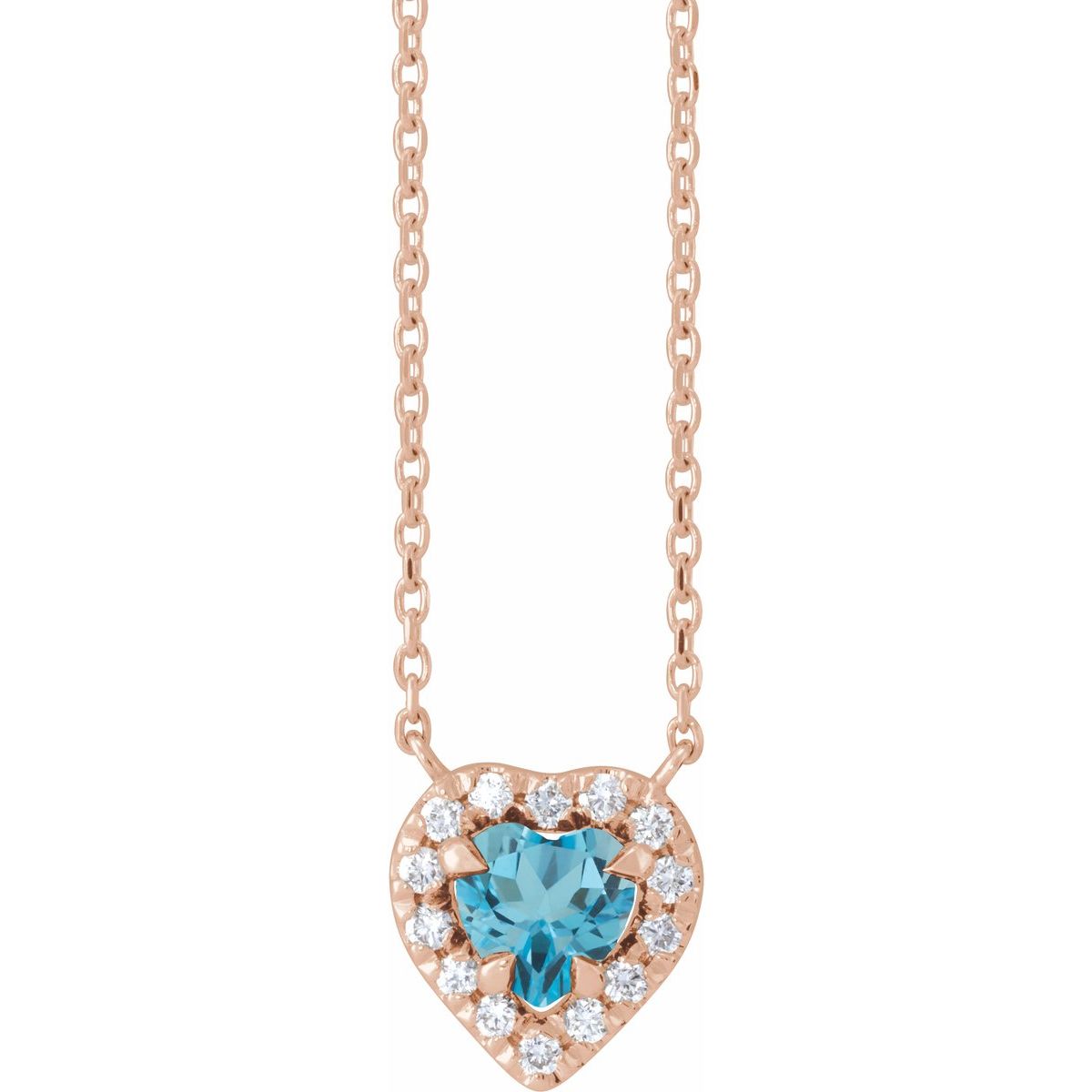 Natural London Blue Topaz & 1/8 CTW Natural Diamond French-Set Halo-Style Necklace in 14k rose gold