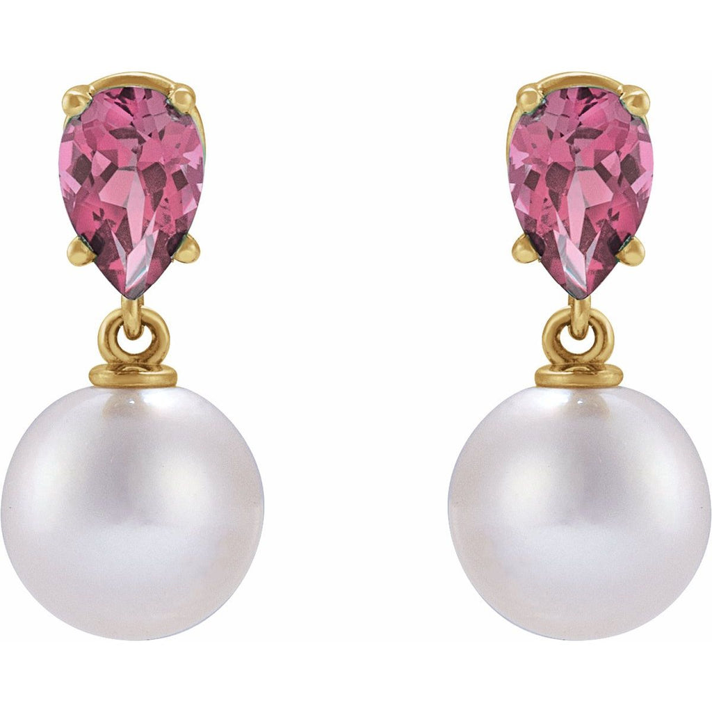 Cultured White Akoya Pearl & Natural Pink Tourmaline Earrings in 14k yellow gold