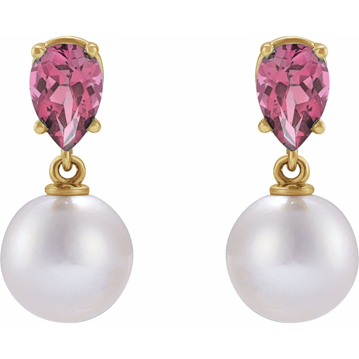 Cultured White Akoya Pearl & Natural Pink Tourmaline Earrings in 14k yellow gold
