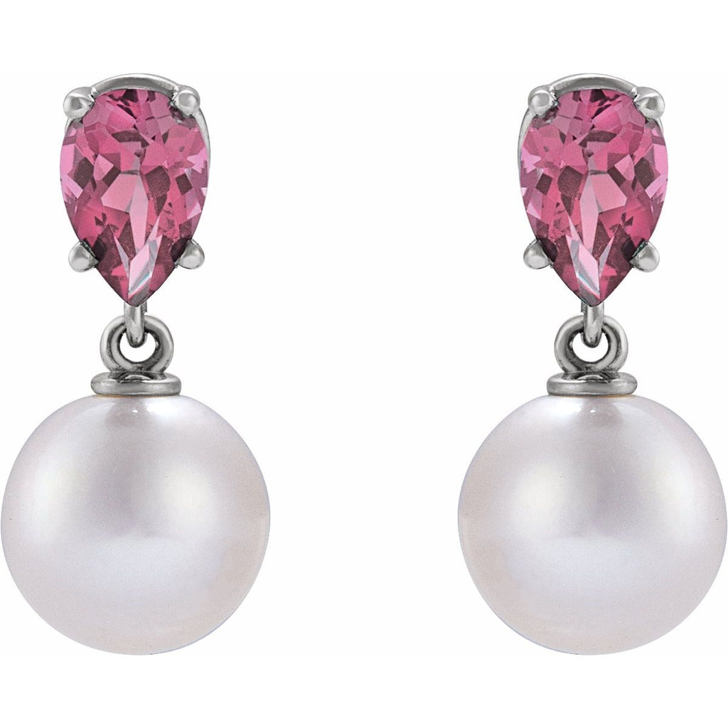Cultured White Akoya Pearl & Natural Pink Tourmaline Earrings