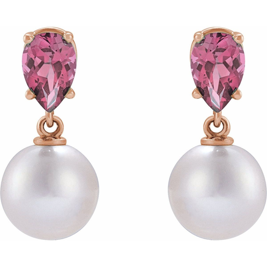 Cultured White Akoya Pearl & Natural Pink Tourmaline Earrings in 14k rose gold