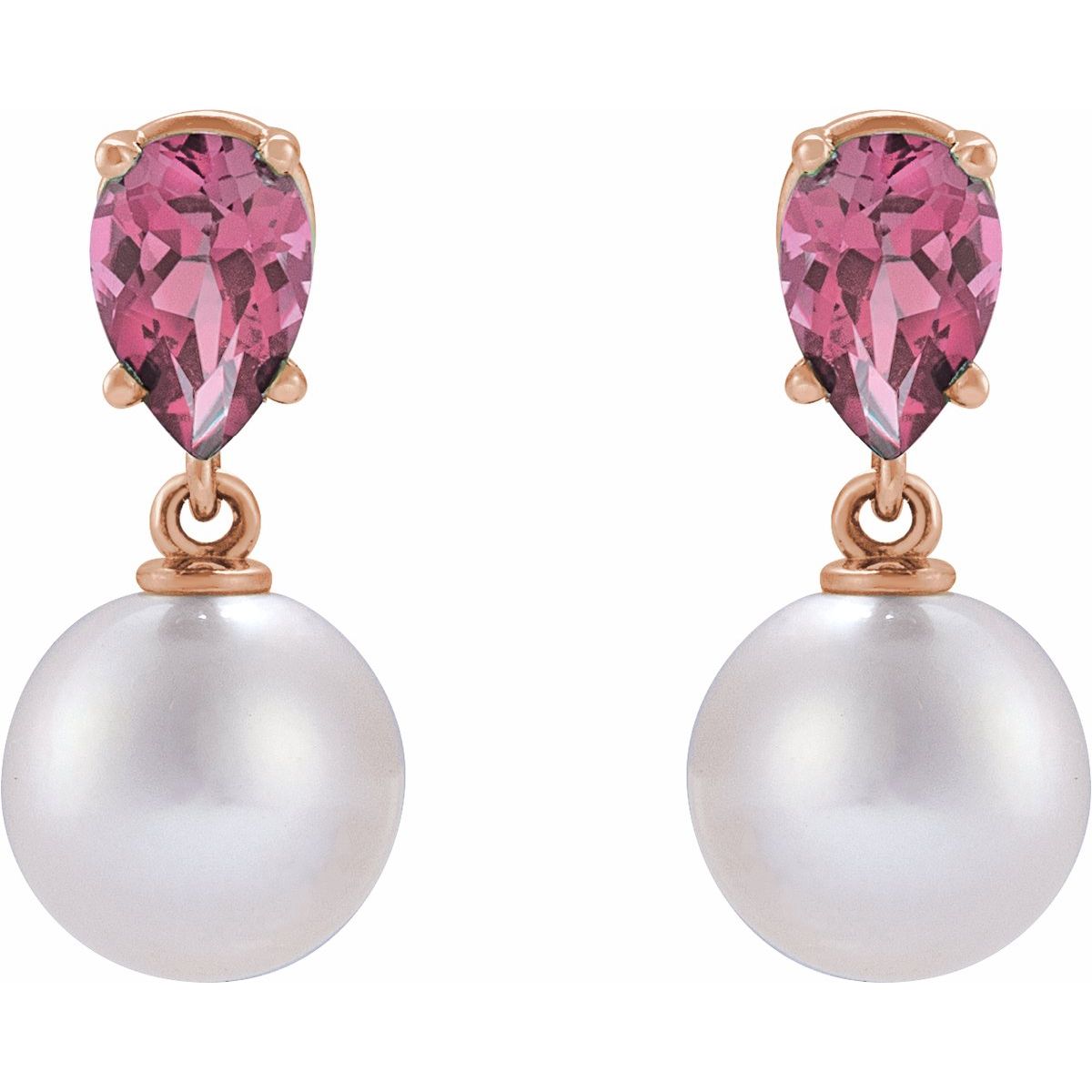Cultured White Akoya Pearl & Natural Pink Tourmaline Earrings in 14k rose gold