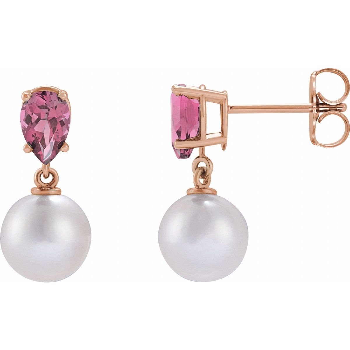 Cultured White Akoya Pearl & Natural Pink Tourmaline Earrings in 14k rose gold