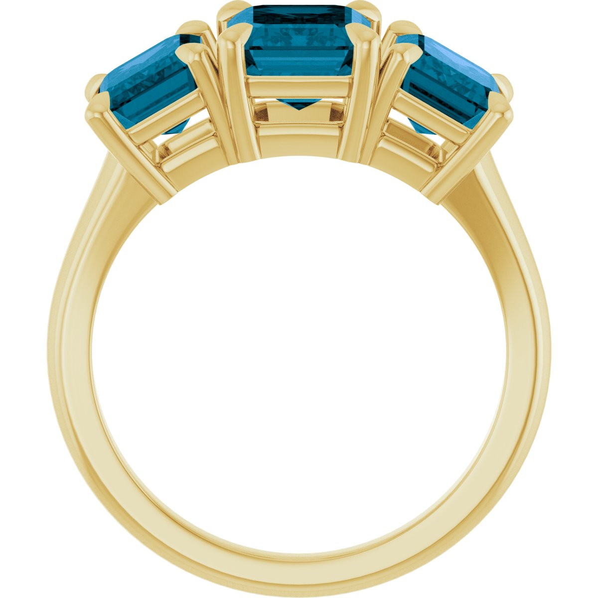 8x6 mm Emerald Natural London Blue Topaz Three-Stone Ring in 14k yellow gold