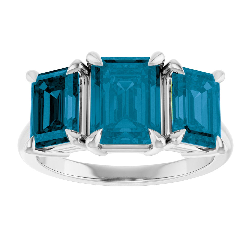 8x6 mm Emerald Natural London Blue Topaz Three-Stone Ring in 14k white gold