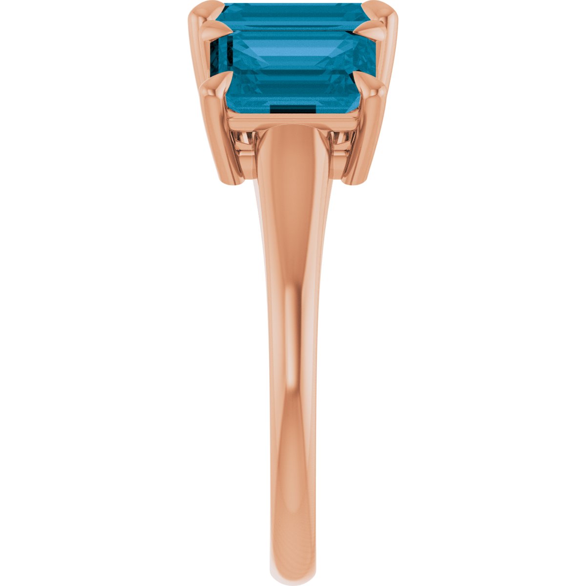 8x6 mm Emerald Natural London Blue Topaz Three-Stone Ring in 14k rose gold