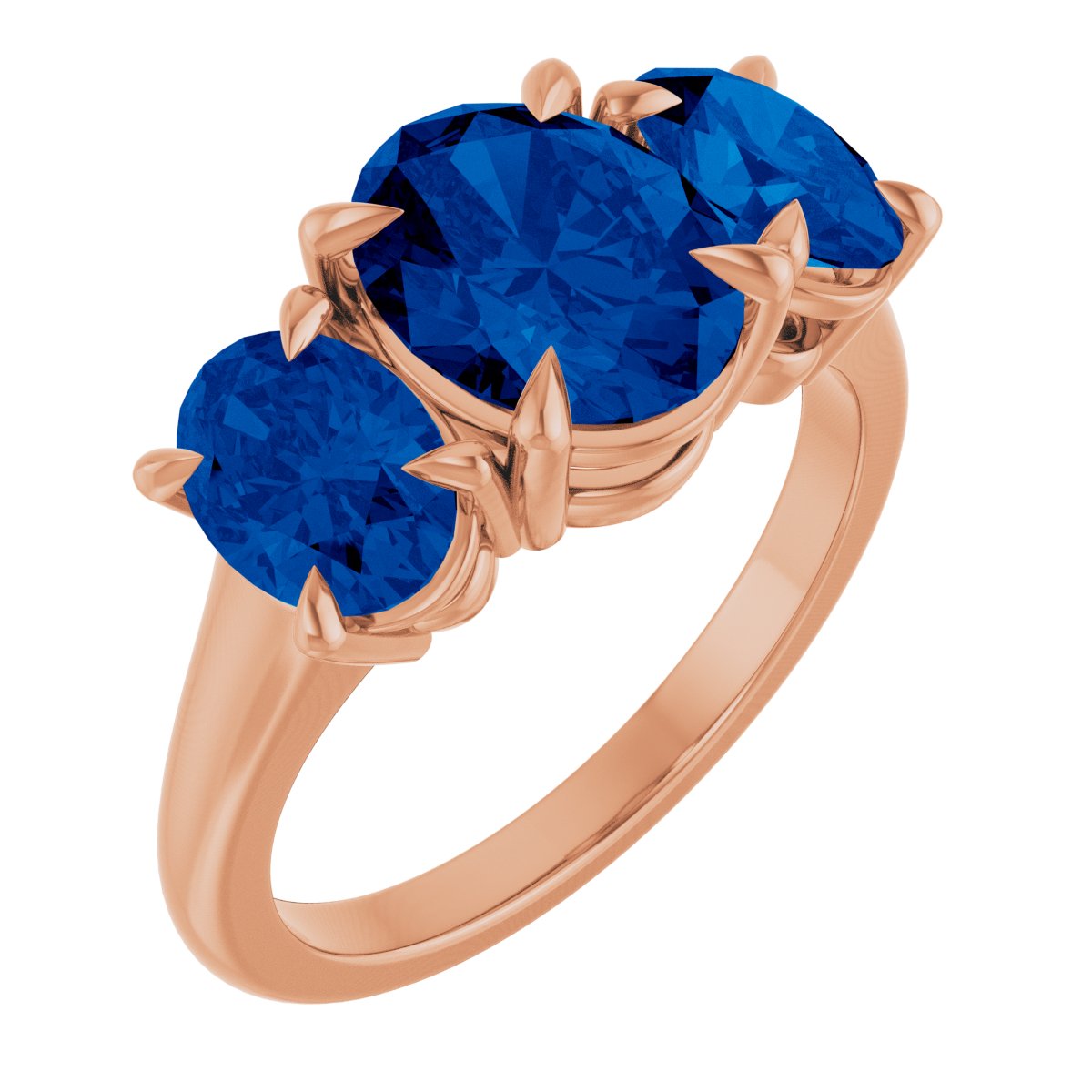 9x7 mm Oval Lab-Grown Blue Sapphire Three-Stone Ring in 14k rose gold