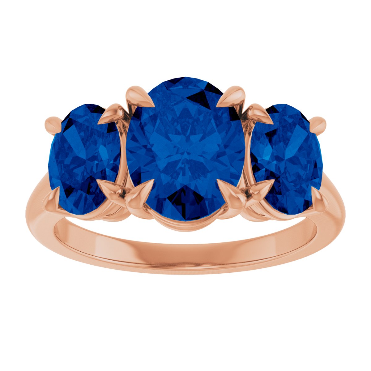 9x7 mm Oval Lab-Grown Blue Sapphire Three-Stone Ring in 14k rose gold