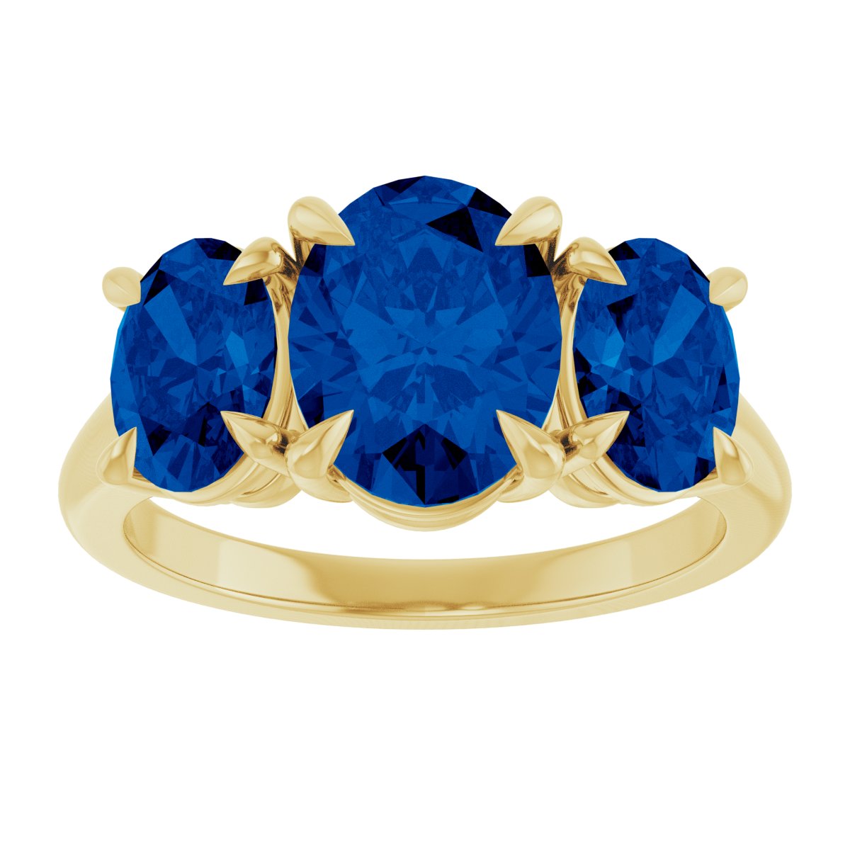 9x7 mm Oval Lab-Grown Blue Sapphire Three-Stone Ring in 14k yellow gold