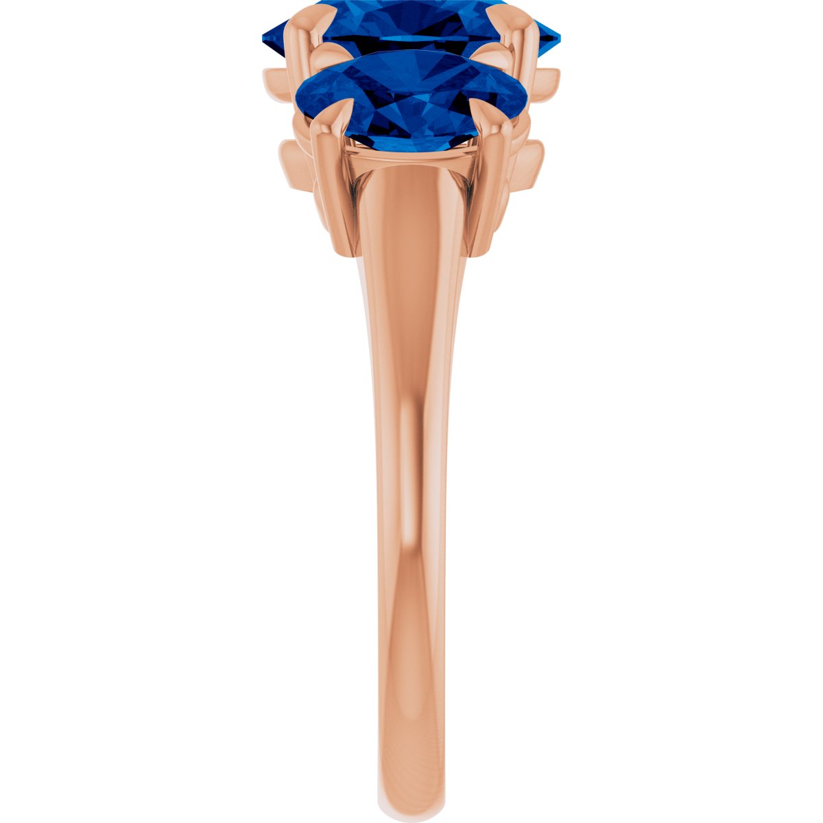 9x7 mm Oval Lab-Grown Blue Sapphire Three-Stone Ring in 14k rose gold
