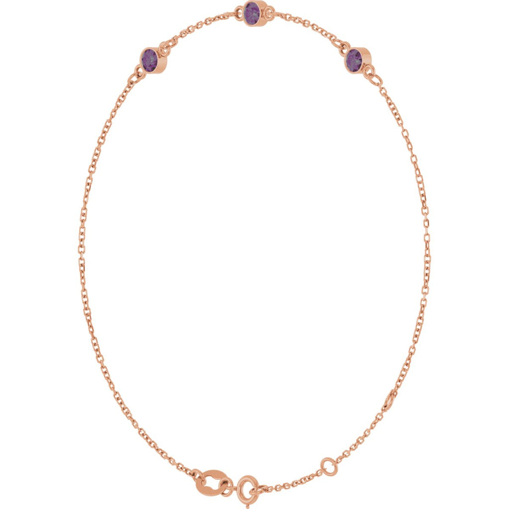 Lab-Grown Alexandrite Bezel-Set 3-Stone Bracelet in 14k rose gold