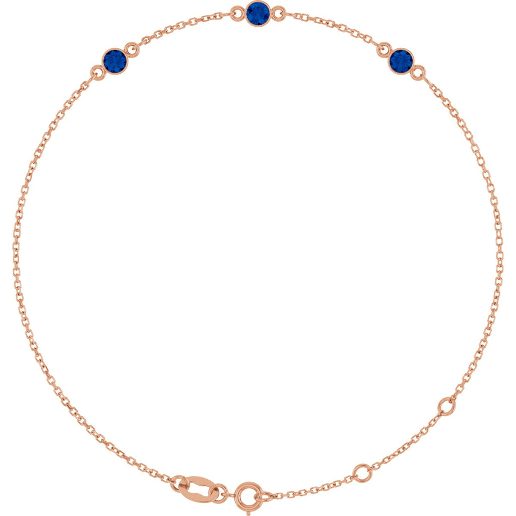 Lab-Grown Blue Sapphire Bezel-Set 3-Stone Bracelet in 14k rose gold