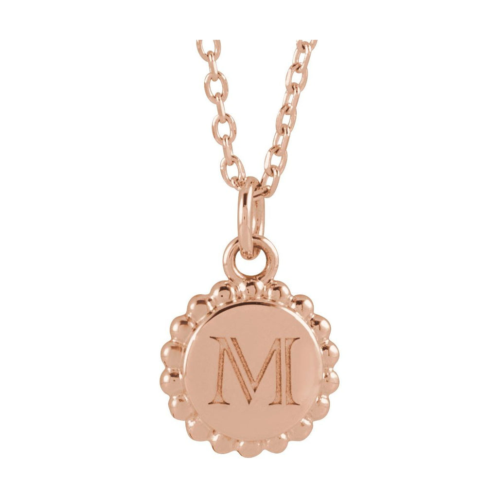 Engravable Beaded Disc Necklace in 14k rose gold