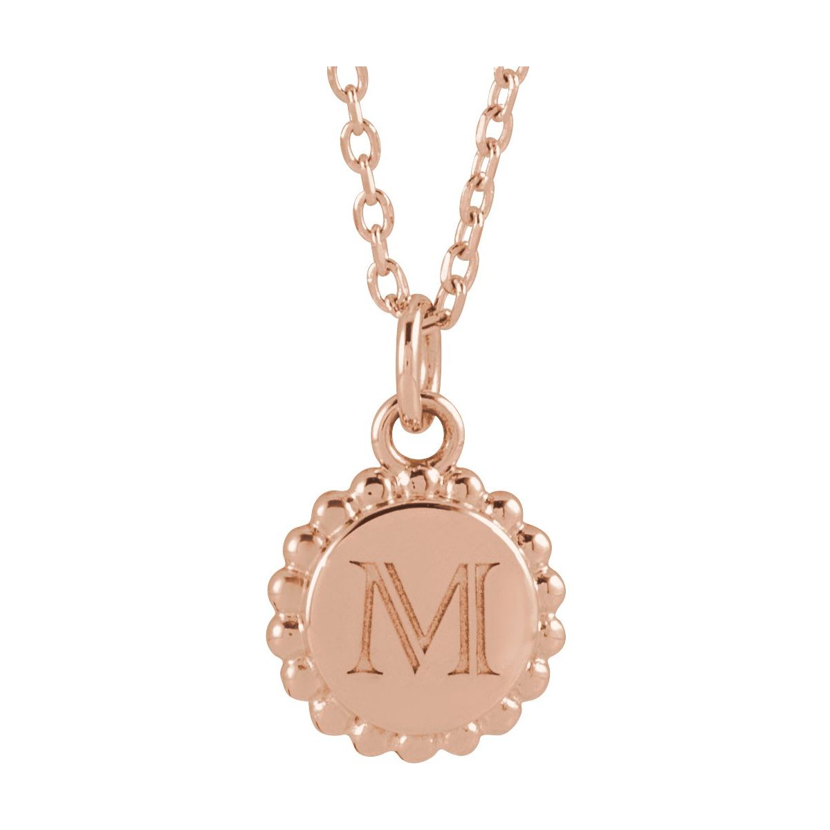Engravable Beaded Disc Necklace in 14k rose gold