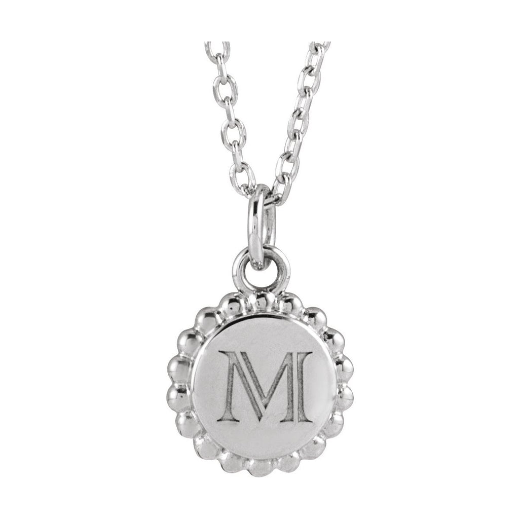 Engravable Beaded Disc Necklace in 14k white gold