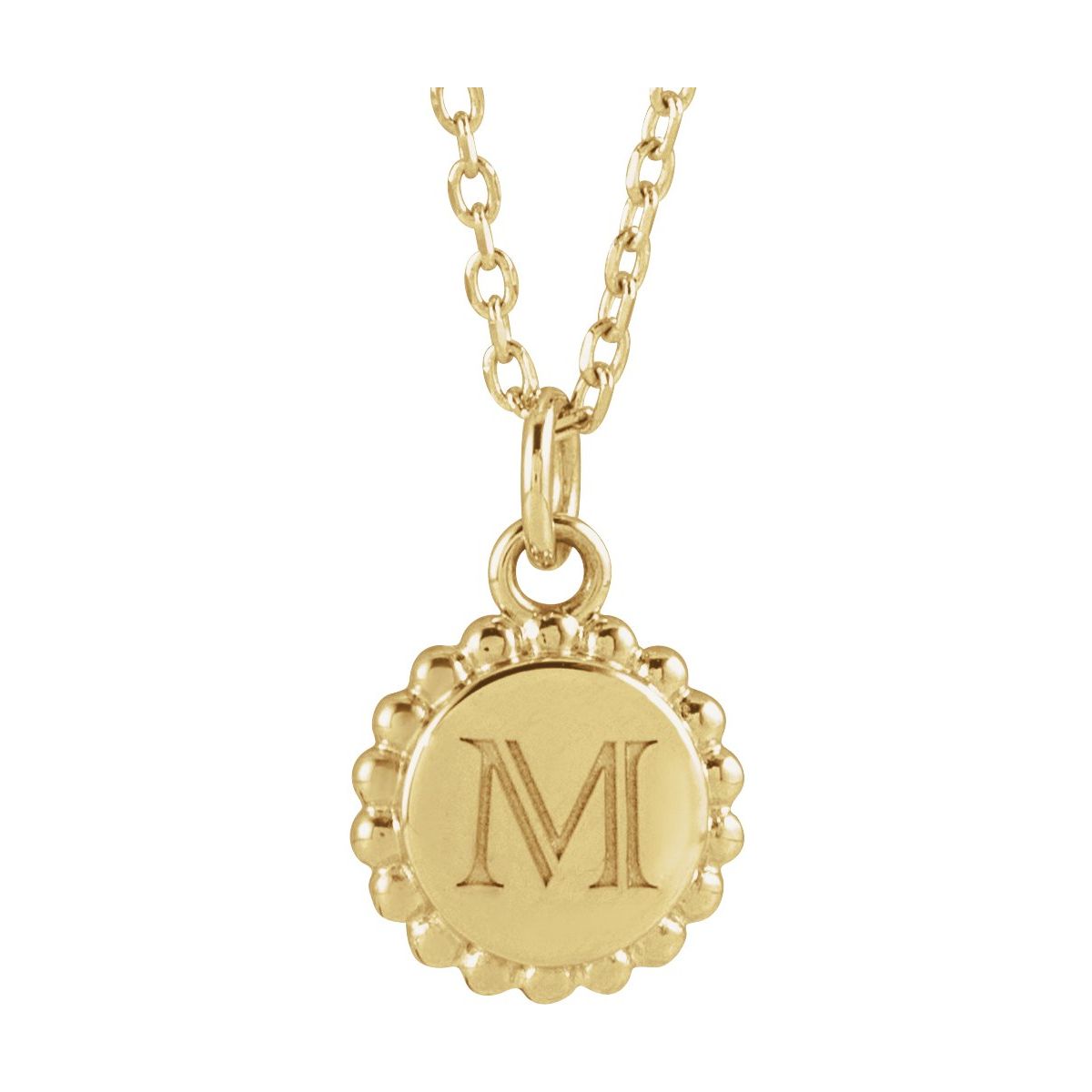 Engravable Beaded Disc Necklace in 14k yellow gold