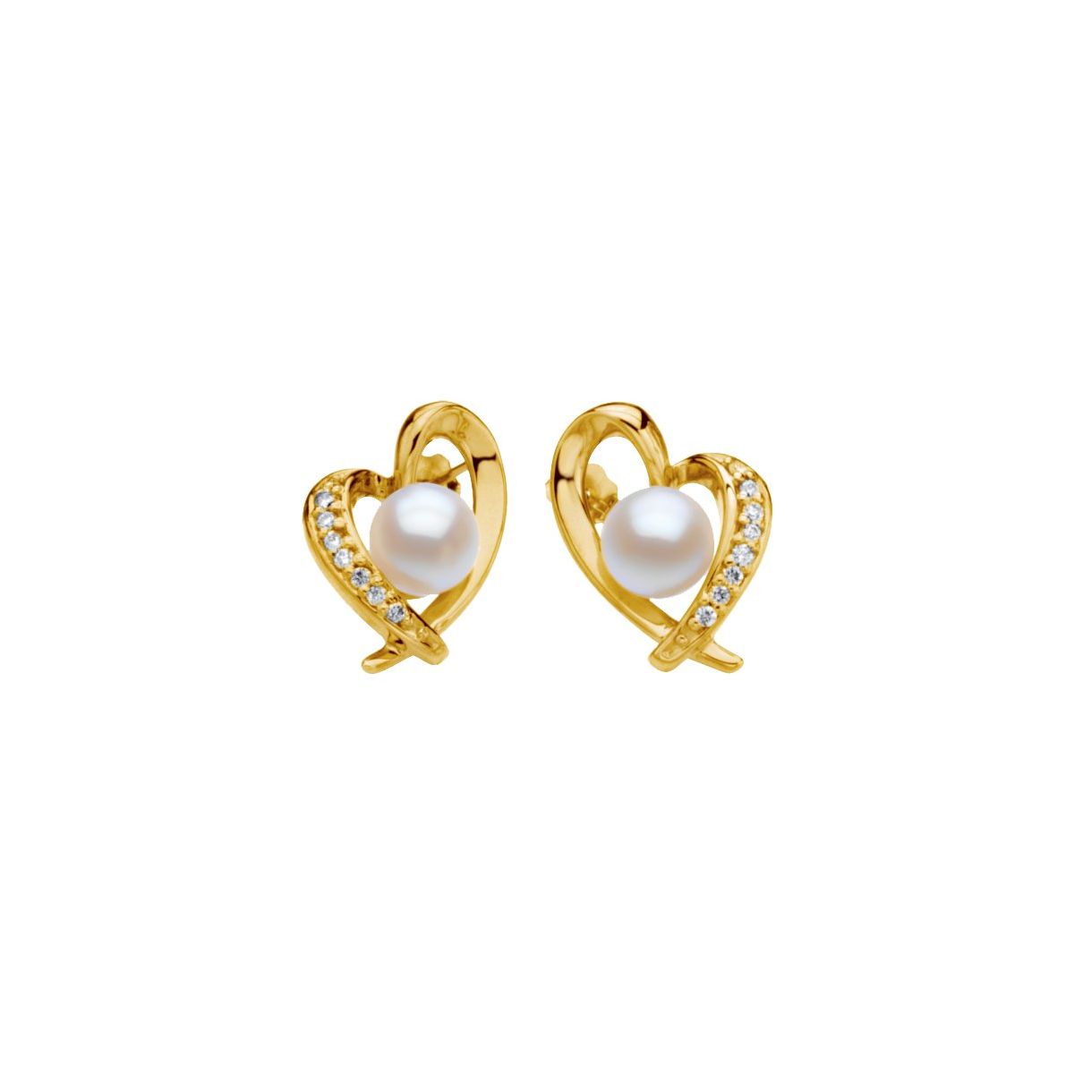 Cultured White Akoya Pearl & 1/6 CTW Natual Diamond Heart Earrings in 14k yellow gold