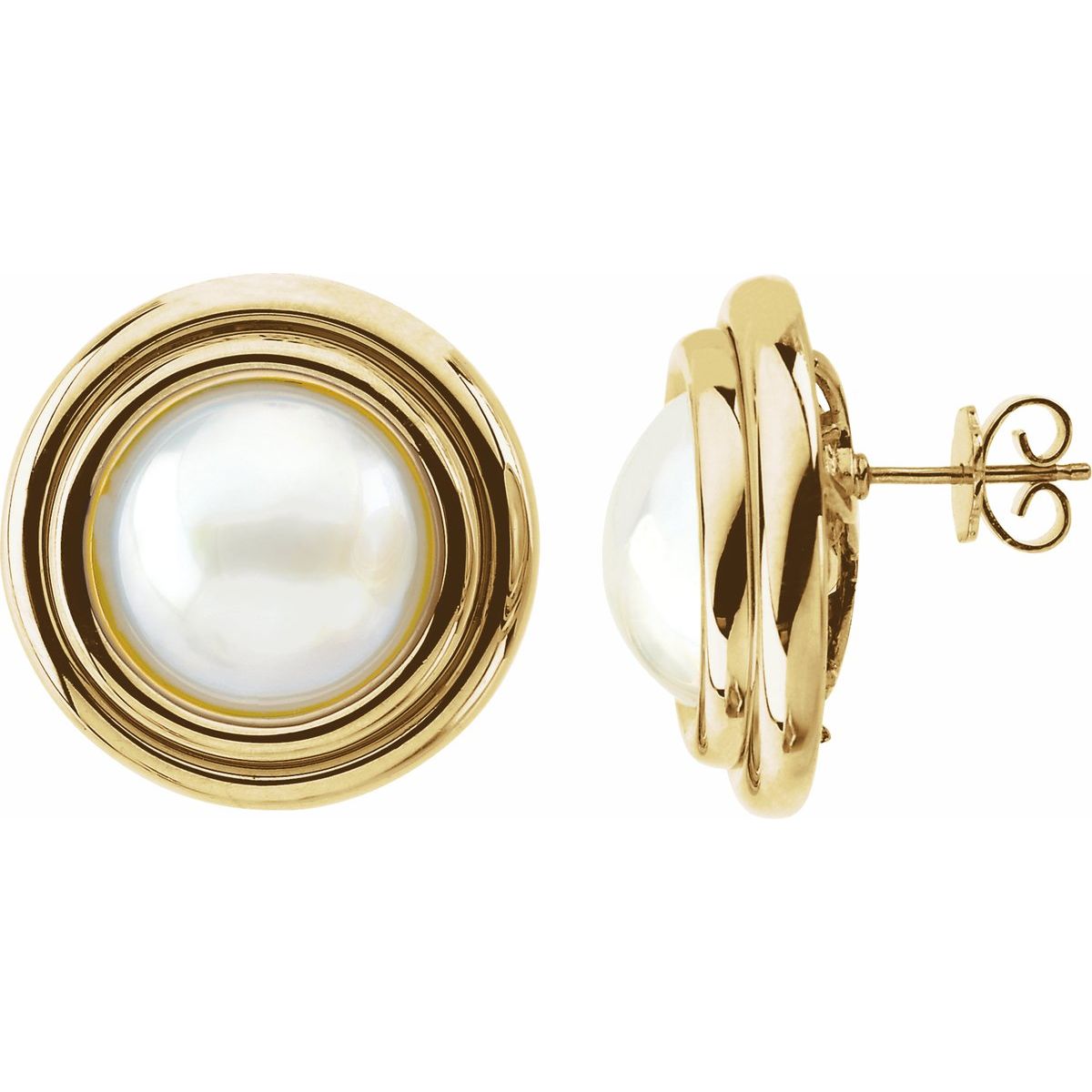 Cultured White Mabé Pearl Earrings in 14k yellow gold