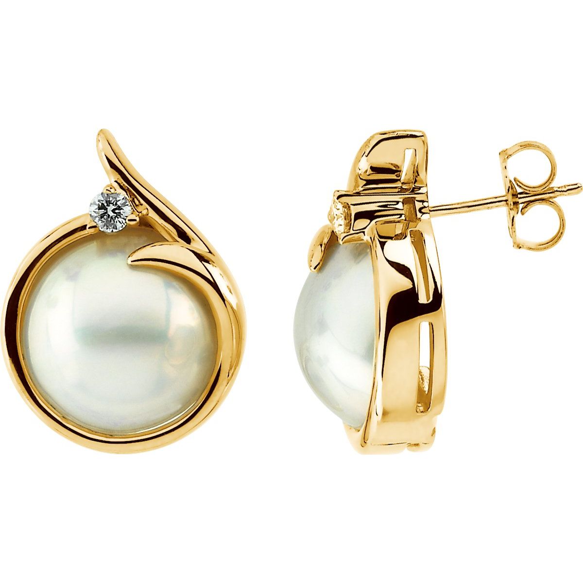 Cultured White Mabé Pearl & 1/8 CTW Natural Diamond Earrings in 14k yellow gold