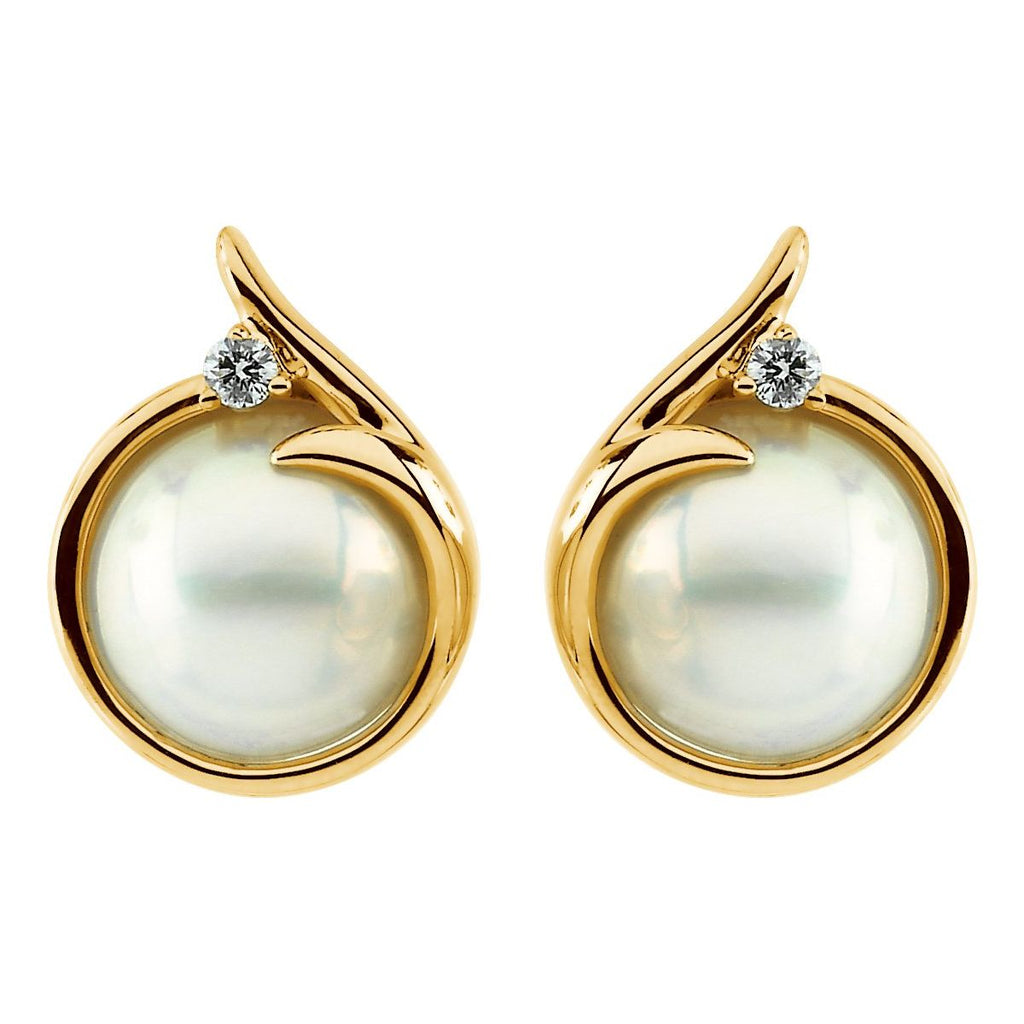 Cultured White Mabé Pearl & 1/8 CTW Natural Diamond Earrings in 14k yellow gold