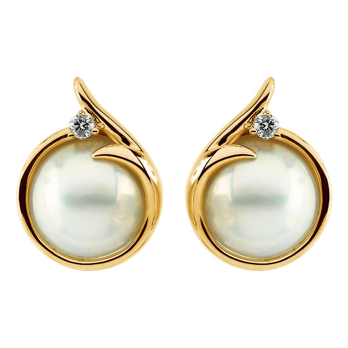 Cultured White Mabé Pearl & 1/8 CTW Natural Diamond Earrings in 14k yellow gold