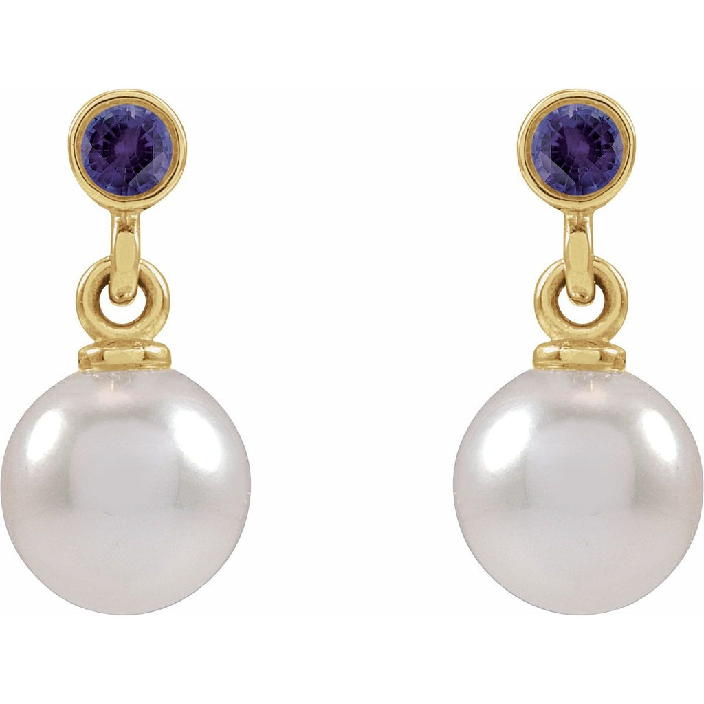 Cultured White Akoya Pearl & Lab-Grown Purple Sapphire Earrings in 14k yellow gold