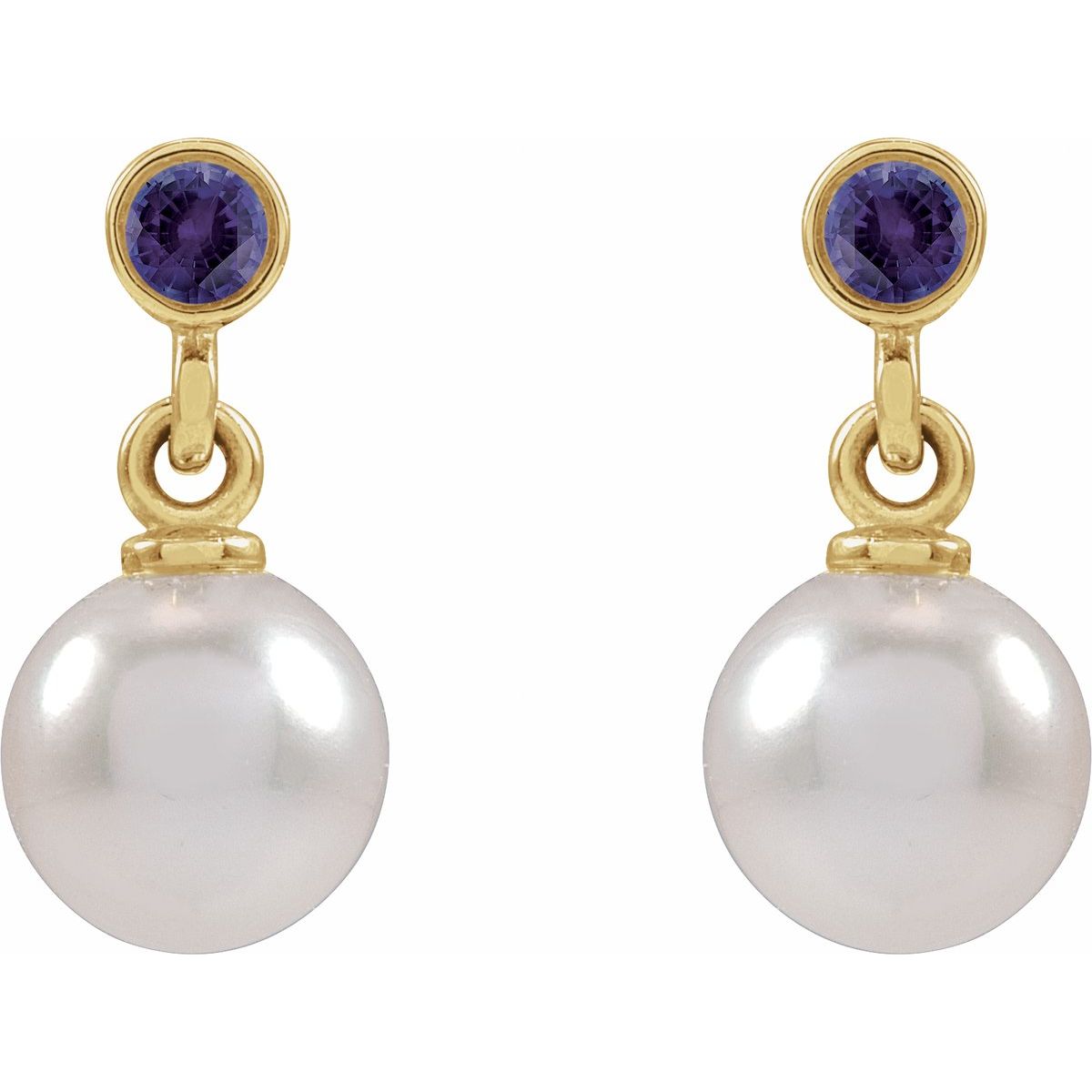 Cultured White Akoya Pearl & Lab-Grown Purple Sapphire Earrings in 14k yellow gold