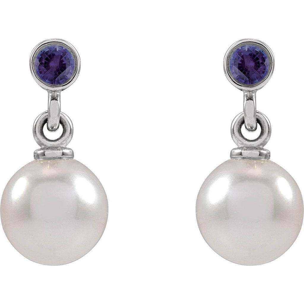 Cultured White Akoya Pearl & Lab-Grown Purple Sapphire Earrings