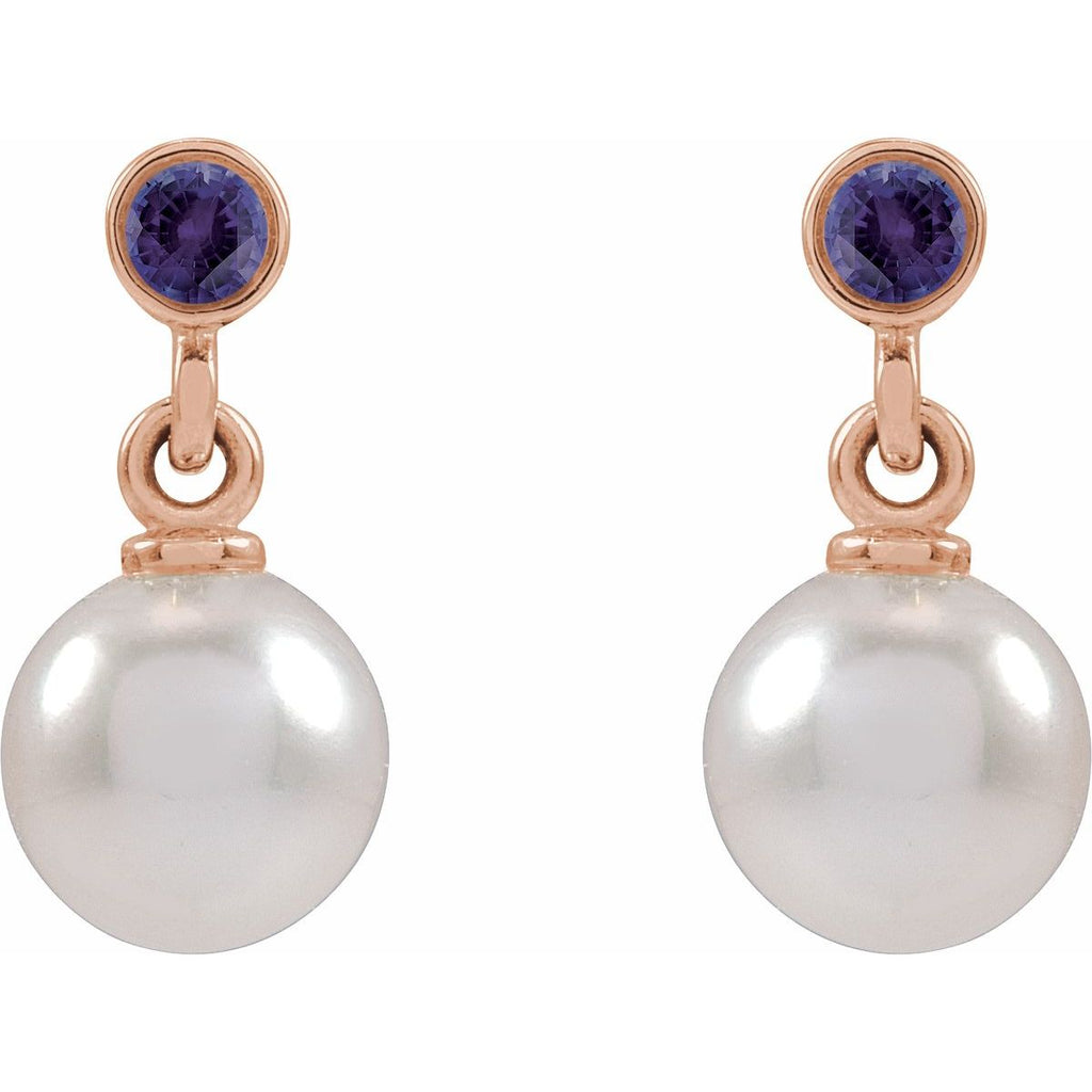Cultured White Akoya Pearl & Lab-Grown Purple Sapphire Earrings in 14k rose gold