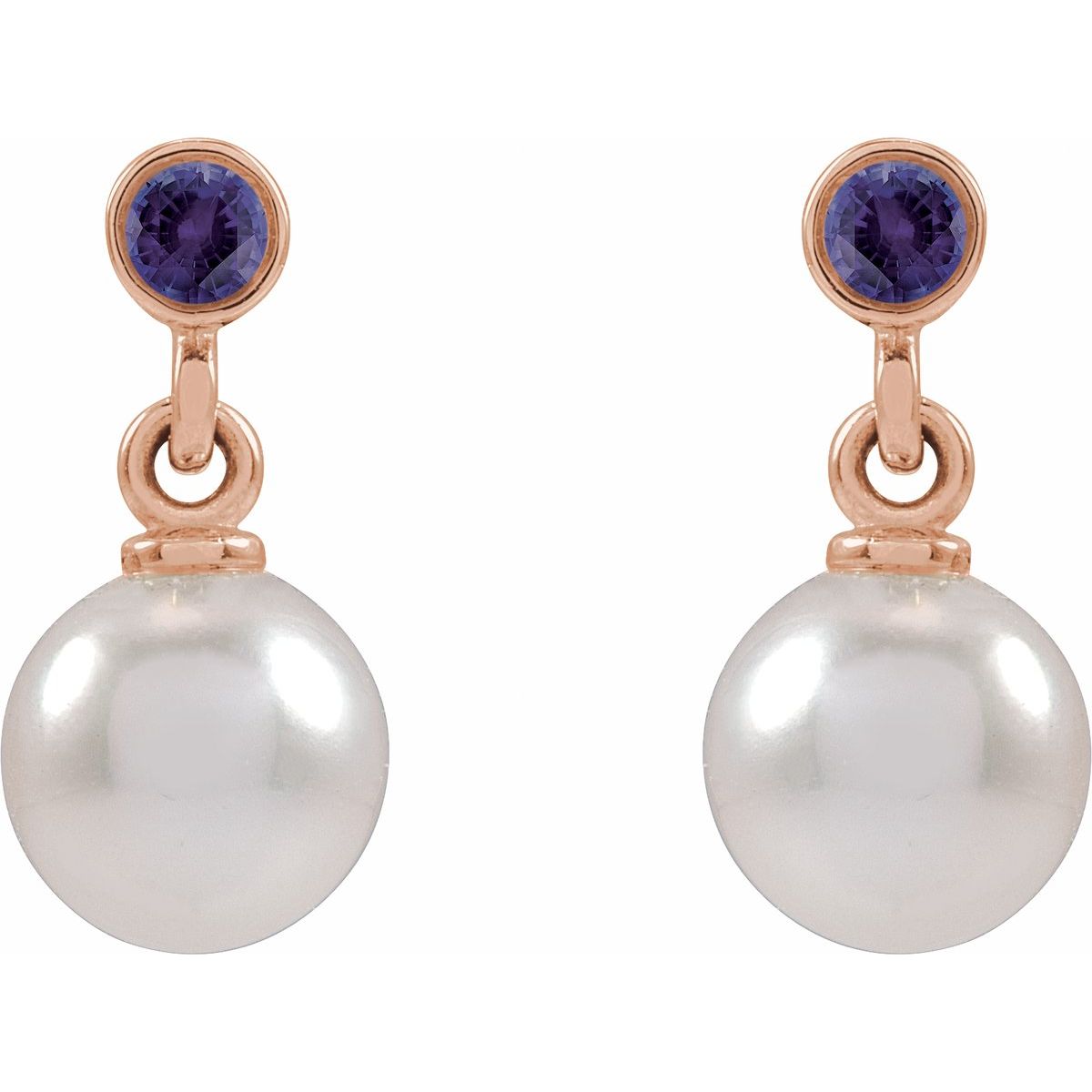 Cultured White Akoya Pearl & Lab-Grown Purple Sapphire Earrings in 14k rose gold