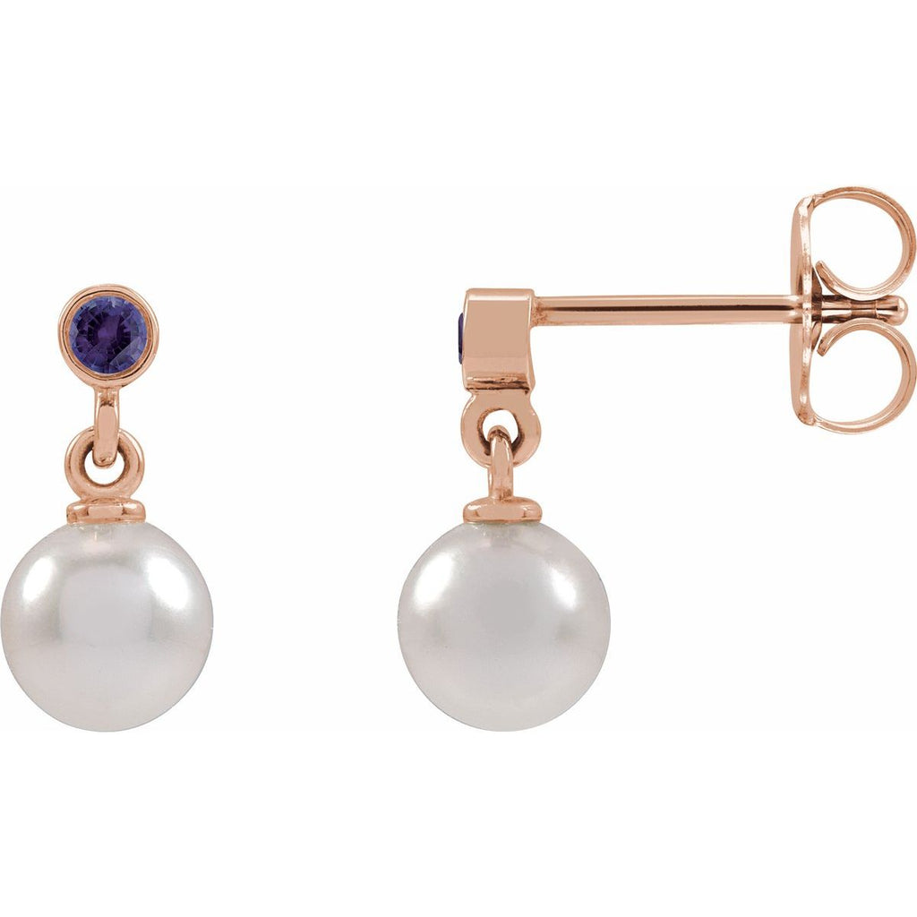 Cultured White Akoya Pearl & Lab-Grown Purple Sapphire Earrings in 14k rose gold