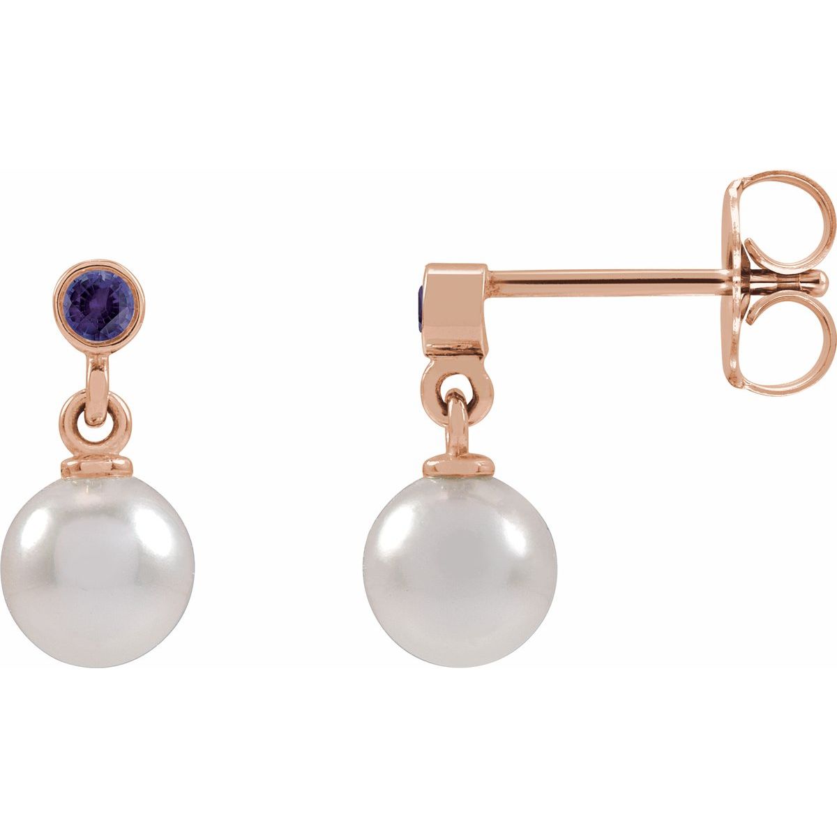 Cultured White Akoya Pearl & Lab-Grown Purple Sapphire Earrings in 14k rose gold