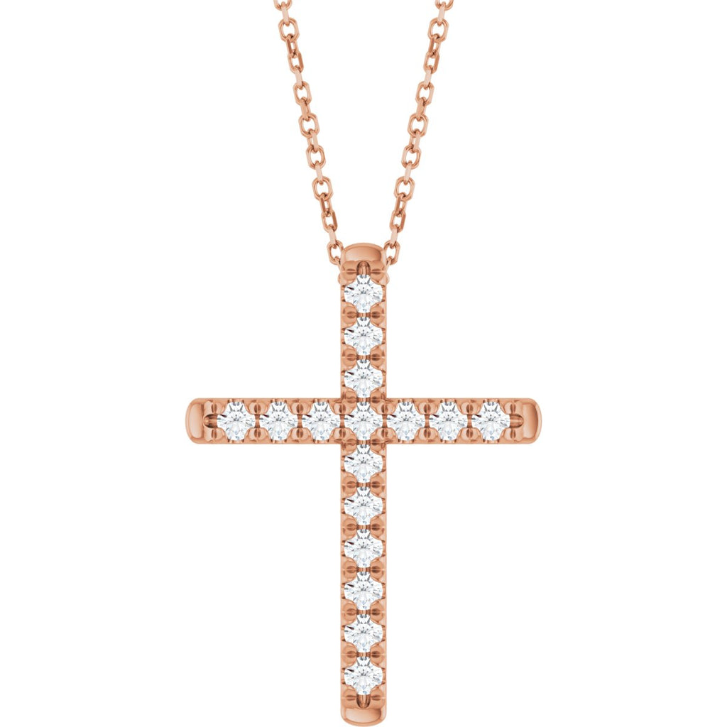1/2 CTW Natural Diamond French-Set Cross Necklace in 14k rose gold
