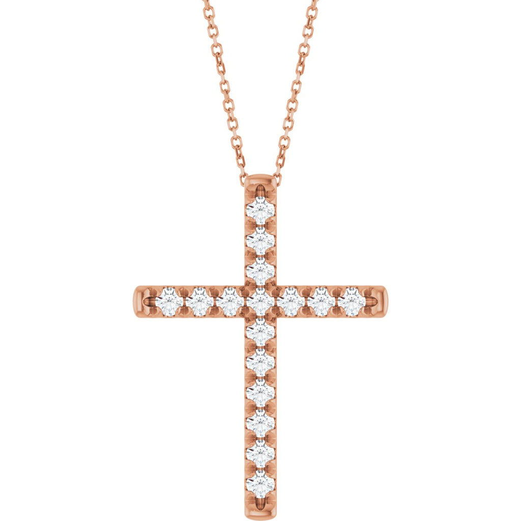 1 CTW Natural Diamond French-Set Cross Necklace in 14k rose gold